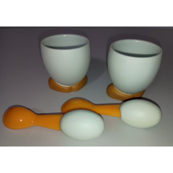 MSC International Inc: White and Orange EGG CUPS & Chicken Face SPOONS (2 Set) - Picture 2 of 5